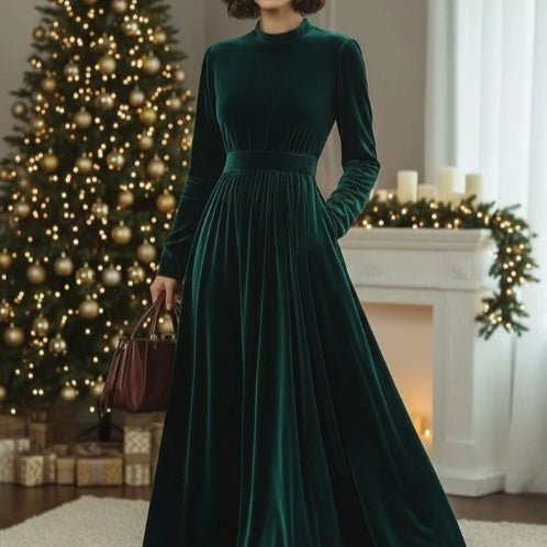 Stand Collar Loose Party Pocket Solid Velvet Long Sleeve Maxi Dress Product Description View